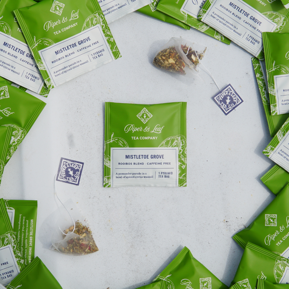 Piper and Leaf Mistletoe Grove Case of Individually Wrapped Tea Bags- 50ct, featuring 50 tea sachets in packaging suitable for gifting.