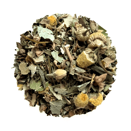 Beach House Seaview Slumber herbal tea blend with chamomile, linden flower, mint, and lemon verbena in an elegant packaging.