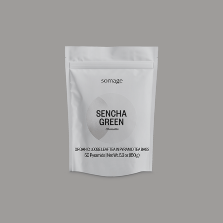 Sencha Green Pyramid Bags by Somage USA, featuring hand-picked green tea leaves in a pyramid bag design.