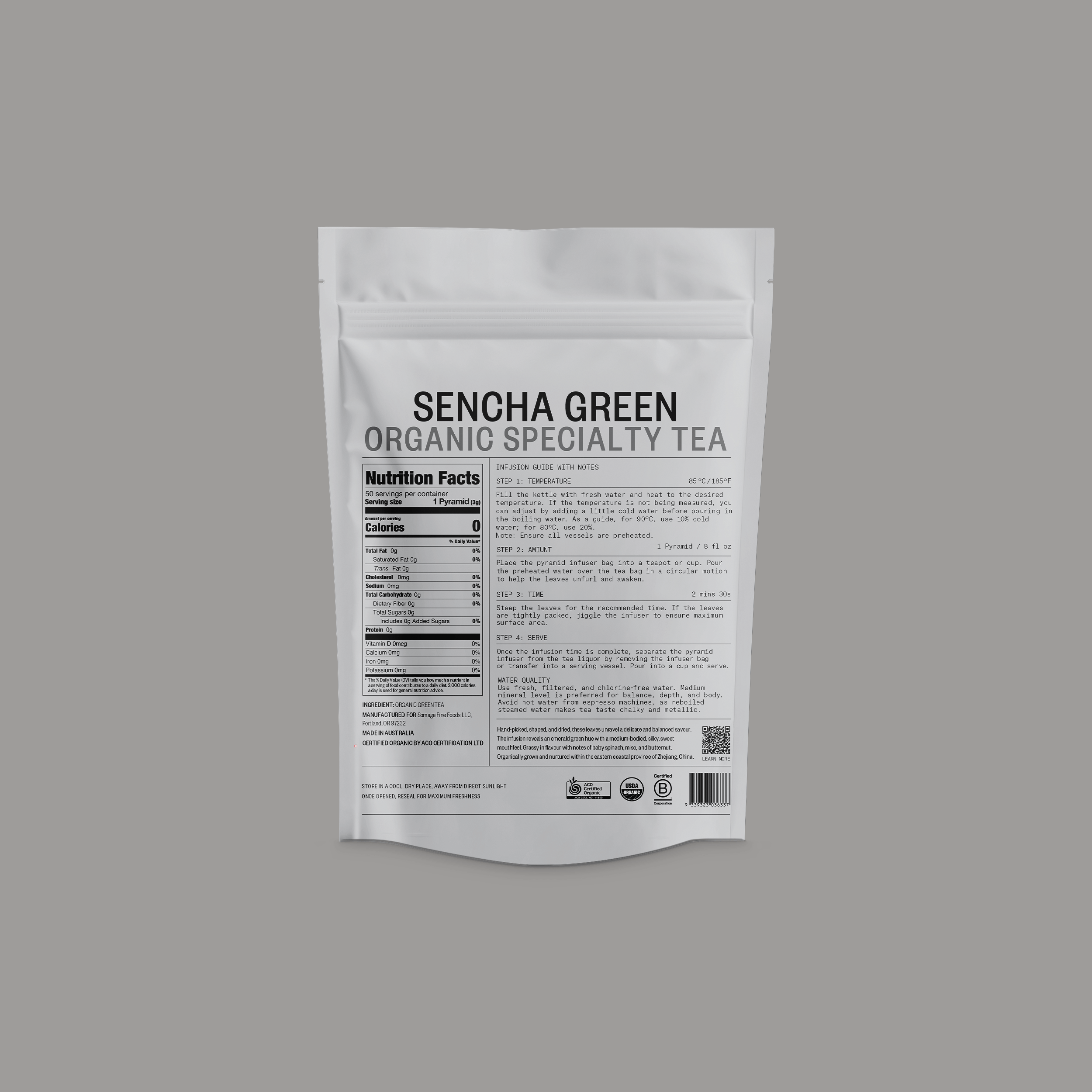 Sencha Green Pyramid Bags by Somage USA, featuring pyramid-shaped tea bags with a vibrant green color for brewing.