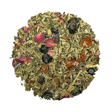 Serenity Tea by Beach House in a cup, showcasing its calming organic ingredients and soothing aroma for relaxation.