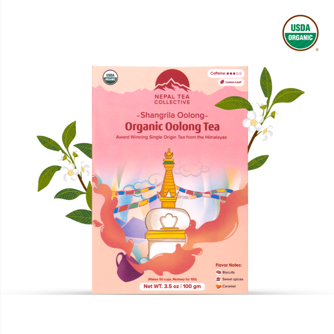 Shangri-La Oolong tea by Nepal Tea, showcased in a package with spicy, biscuity, and peppery aromas.