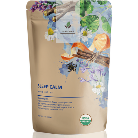 Gardenika Sleep Calm Loose Leaf Herbal Tea with Chamomile, USDA Organic, 4 oz, displayed in a tea container with loose tea leaves.