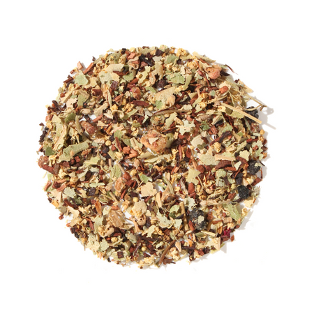 Plum Deluxe Slowly Unwind Herbal Linden Tea, a blend of linden, elderflowers, and berries in a circular presentation.