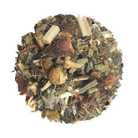 Beach House Solstice Sunset tea displayed in a loose-leaf infuser, featuring organic ingredients like chamomile and rose hips.