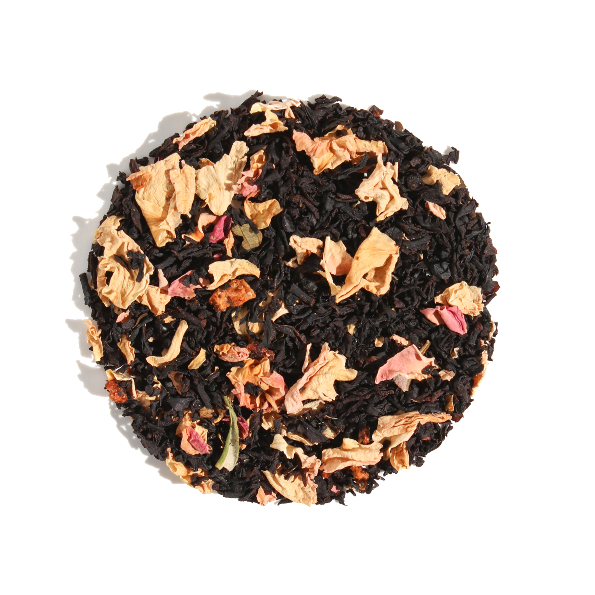 Plum Deluxe Strawberries & Cream Black Tea (with Rose) in a circular package, featuring black tea, strawberry pieces, and rose petals.
