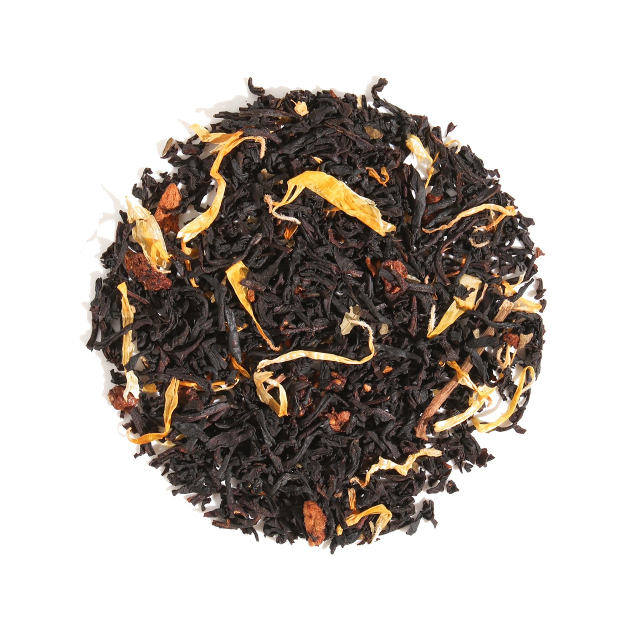Plum Deluxe Strawberry Honeysuckle Black Tea in a circular package, featuring strawberry pieces and floral notes.