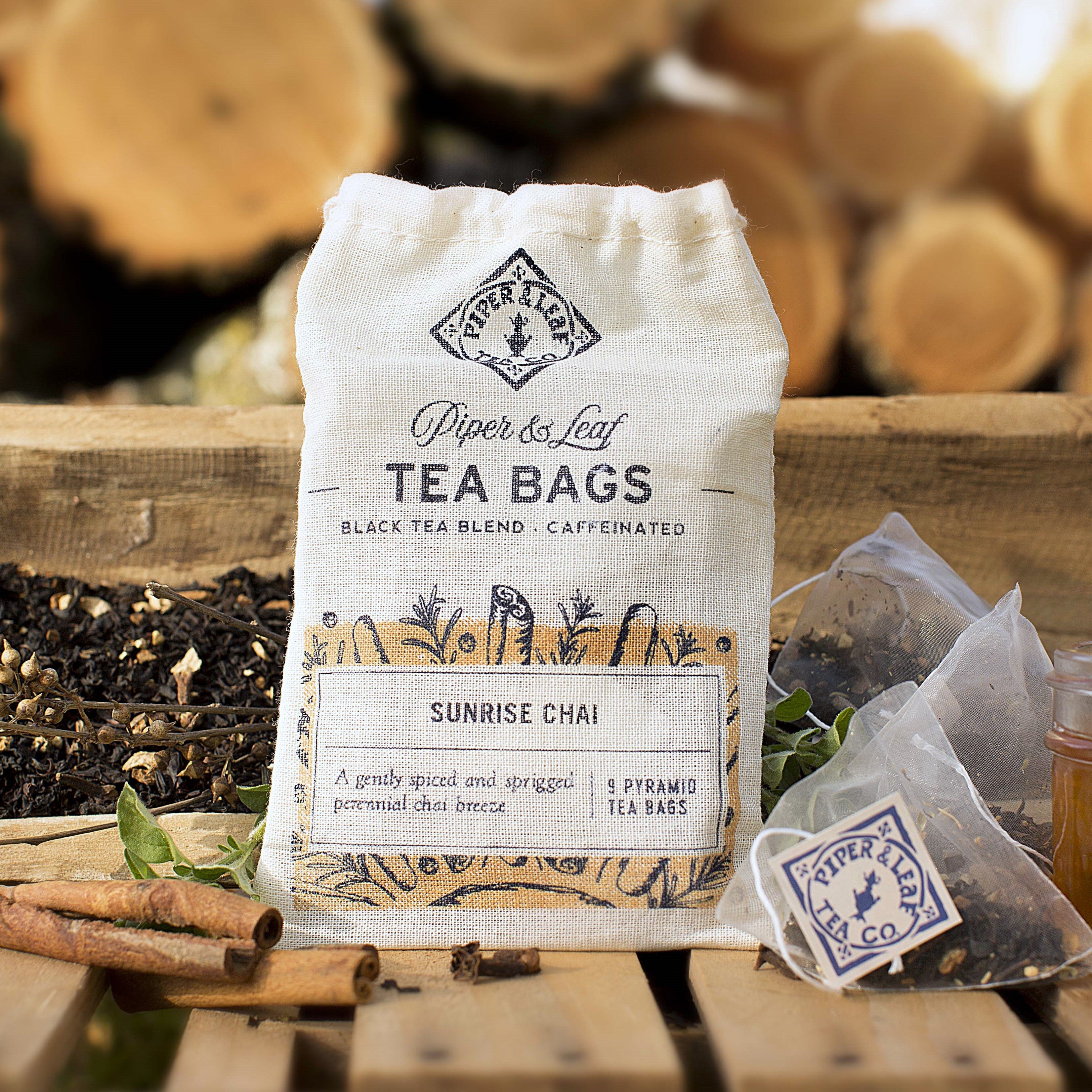 Piper and Leaf Sunrise Chai 9ct Tea Bags in Muslin, featuring hand-printed muslin bags and pyramid sachets of tea.