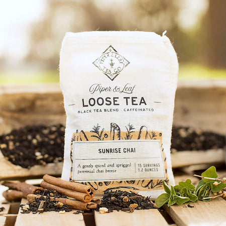 Piper and Leaf Sunrise Chai Muslin Bag of Loose Leaf Tea - 15 Servings in hand-printed muslin bag with tea blend ingredients visible.