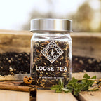 Piper and Leaf Sunrise Chai Glass Jar of Loose Leaf Tea - 30 Servings in a clear glass jar with a label, showcasing tea contents.