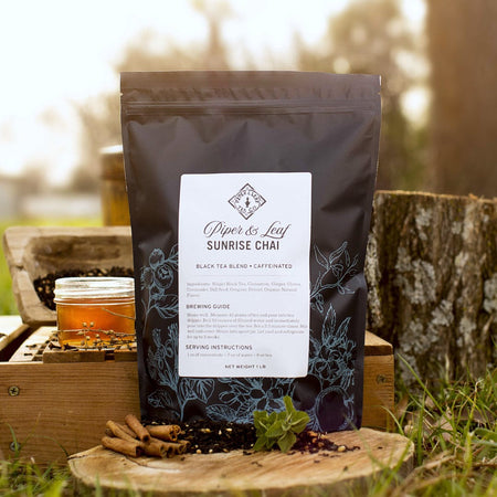 Piper and Leaf Sunrise Chai Pound Bag - 190 servings, featuring loose leaf tea with spices, ideal for cold chai drinks.