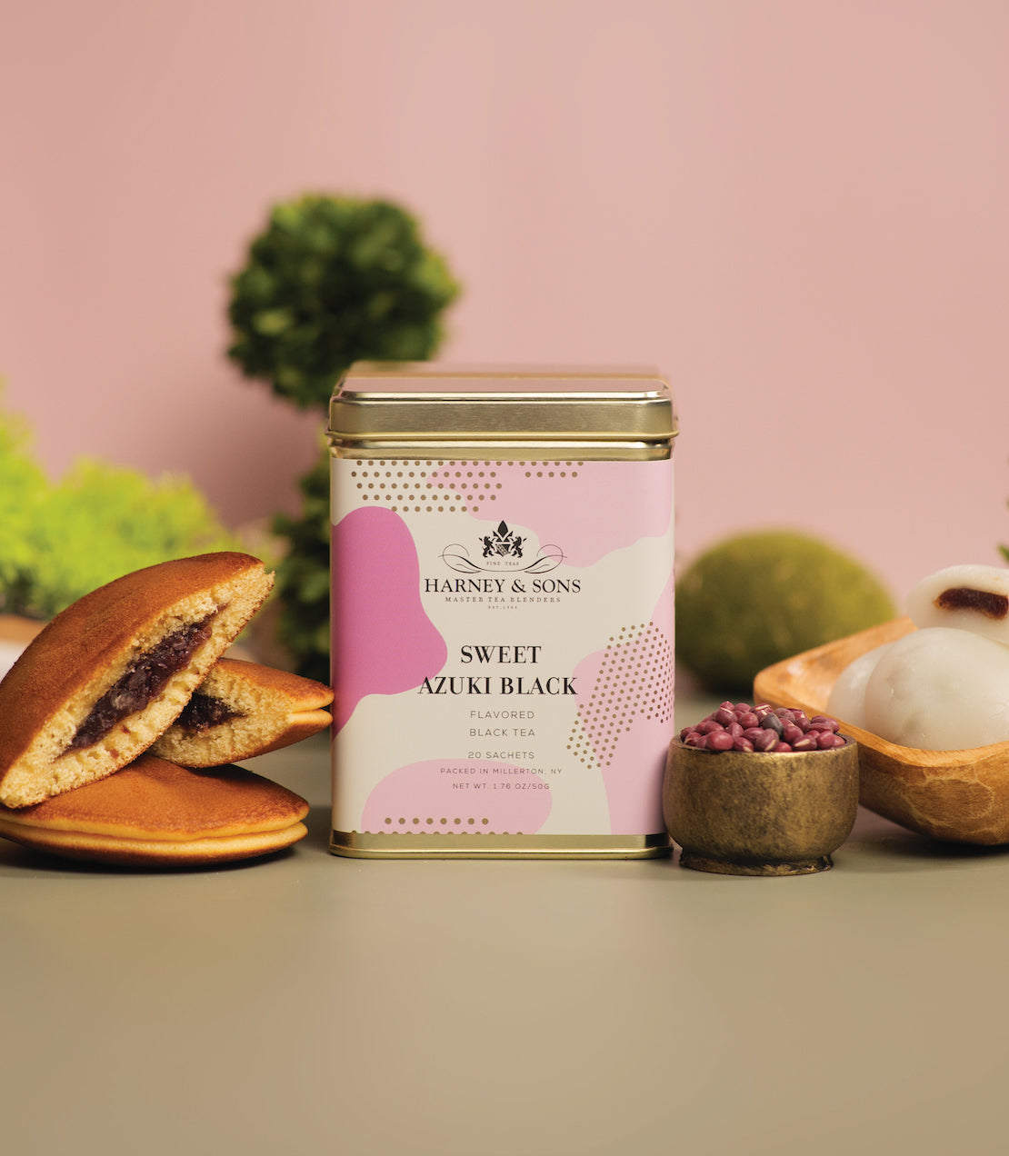 Harney & Sons Sweet Azuki Black, Tin of 20 Sachets, featuring a visually appealing tin packaging with a serene background.