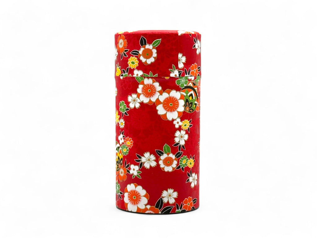 Inoue Tea Matsuri Red Washi Paper Wrapped Tea Canister (L) - Japanese Chazutsu, shown in a detailed image.