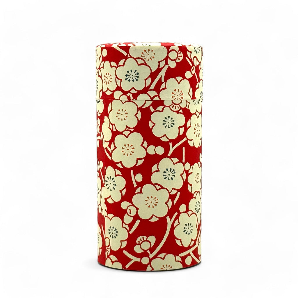 Inoue Tea Sakura Red Washi Paper Wrapped Tea Canister, Japanese Chazutsu, featuring traditional Japanese patterns and airtight storage.