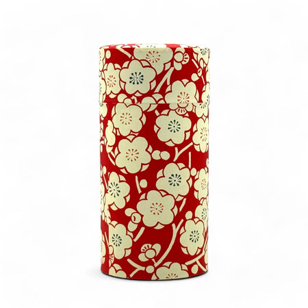 Inoue Tea Sakura Red Washi Paper Wrapped Tea Canister, Japanese Chazutsu, featuring traditional Japanese patterns and airtight storage.