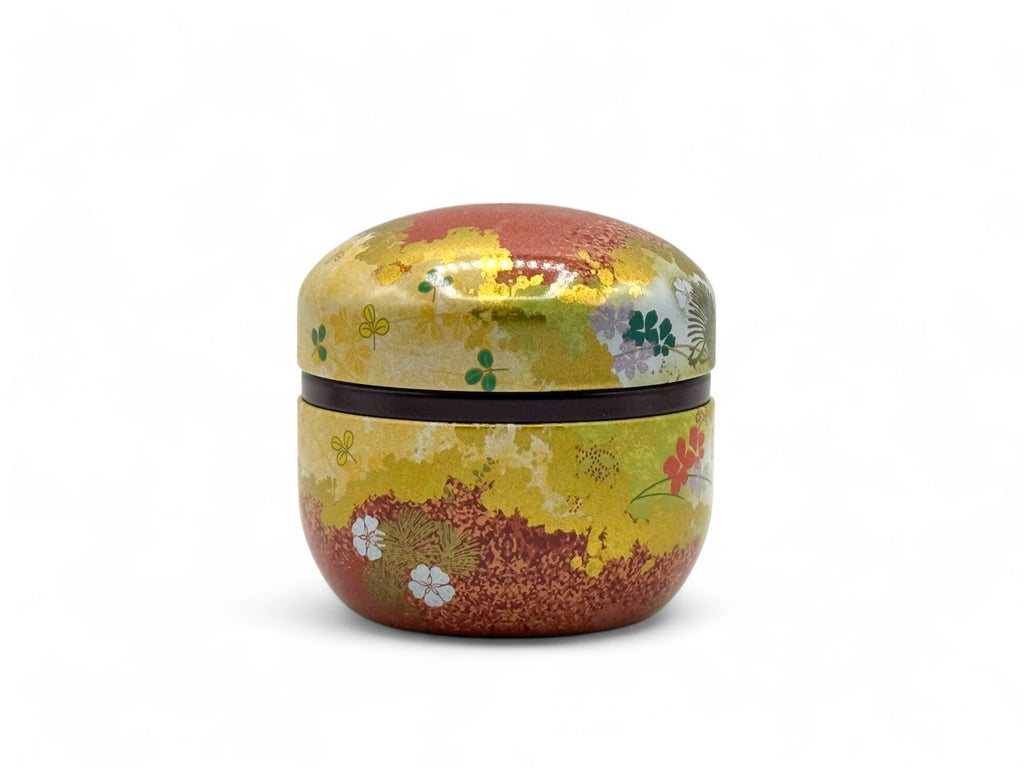 Inoue Tea Natsu Flower Metal Tea Canister - Japanese Chazutsu, featuring a floral design and metallic finish.