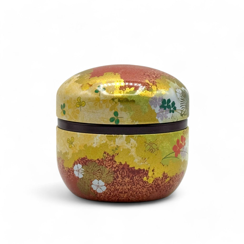 Inoue Tea Natsu Flower Metal Tea Canister - Japanese Chazutsu, elegant lacquered tin with airtight inner lid for 100g loose-leaf tea.