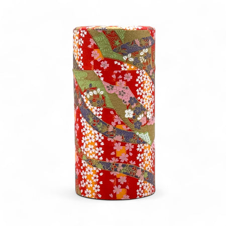 Inoue Tea Oiwai Red Washi Paper Wrapped Tea Canister (L) - Japanese Chazutsu, showcasing a durable washi paper design and airtight storage.