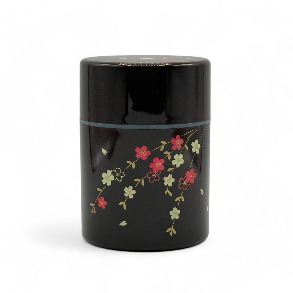 Inoue Tea Tame Flower Hana Brown Lacquered Resin Tea Canister, dark red with Hana Sakura flower design, airtight, 2.9 x 4.2 inches.