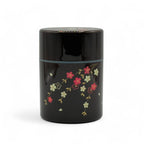 Inoue Tea Tame Flower Hana Brown Lacquered Resin Tea Canister, dark red with Hana Sakura flower design, airtight, 2.9 x 4.2 inches.