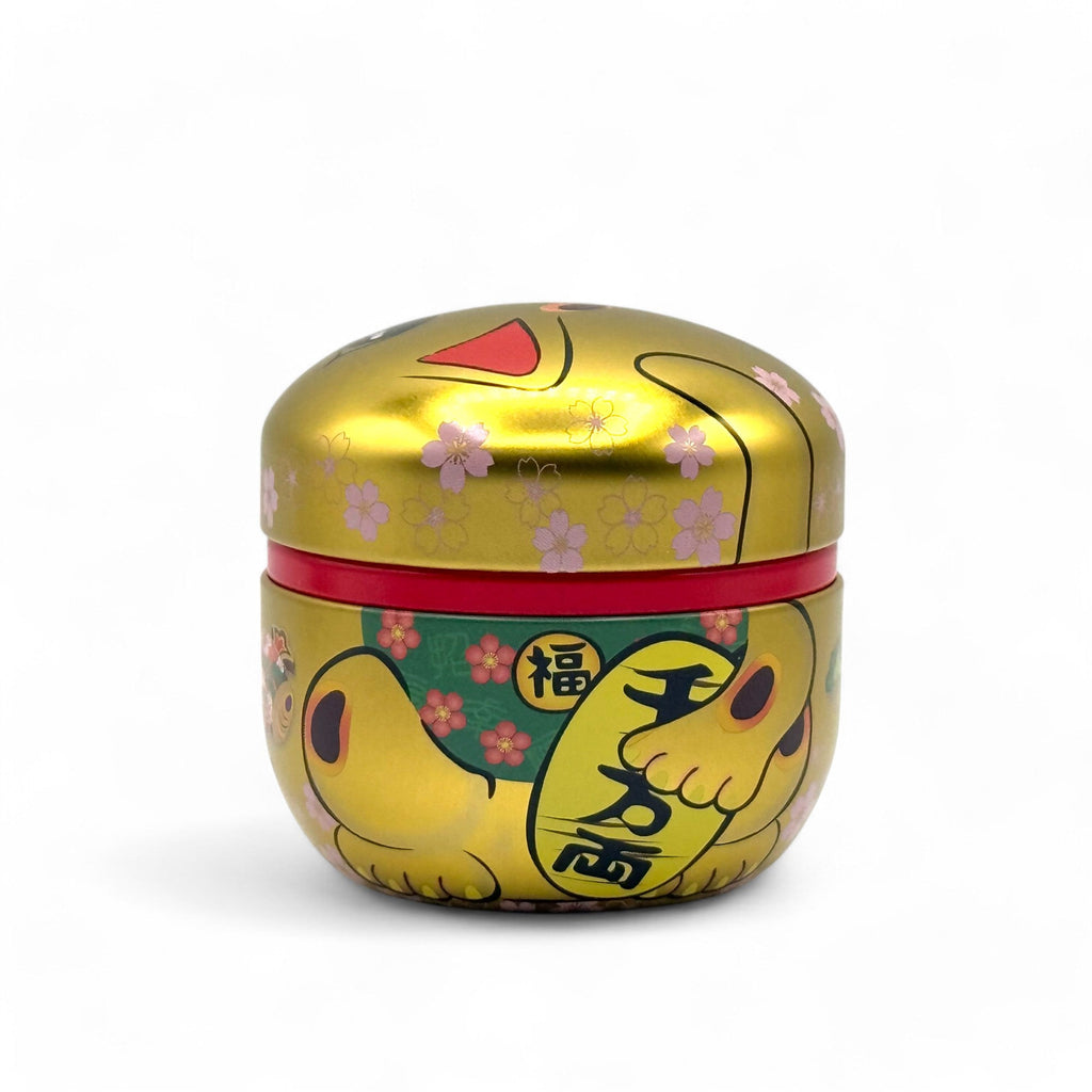 Inoue Maneki Neko Cat Gold Metal Tea Canister - Japanese Chazutsu