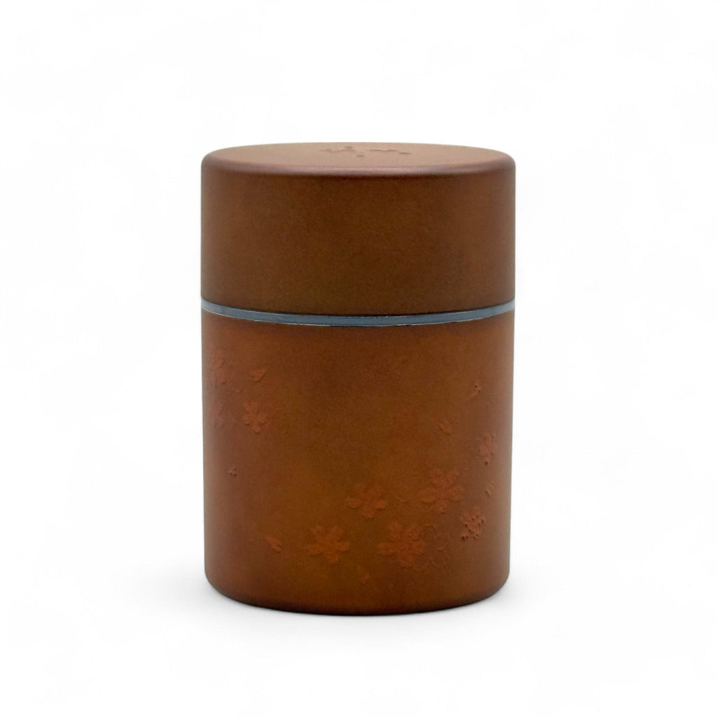 Inoue Tea Sakura Brown Polished Grain Resin Tea Canister by Miyamoto Sangyo, Japanese chazutsu for airtight tea storage.