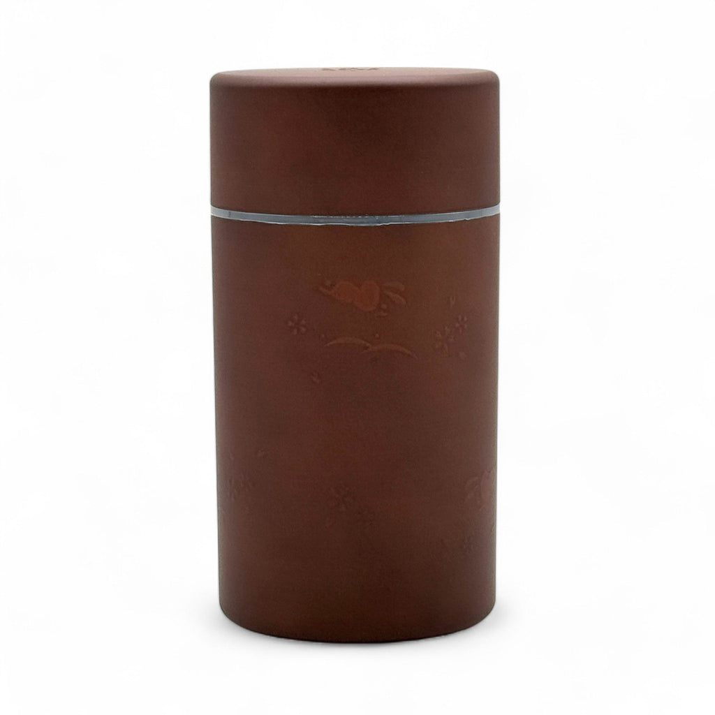 Inoue Tea Usagi Rabbit Brown Polished Grain Resin Tea Canister by Miyamoto Sangyo, featuring airtight storage and rabbit motifs.