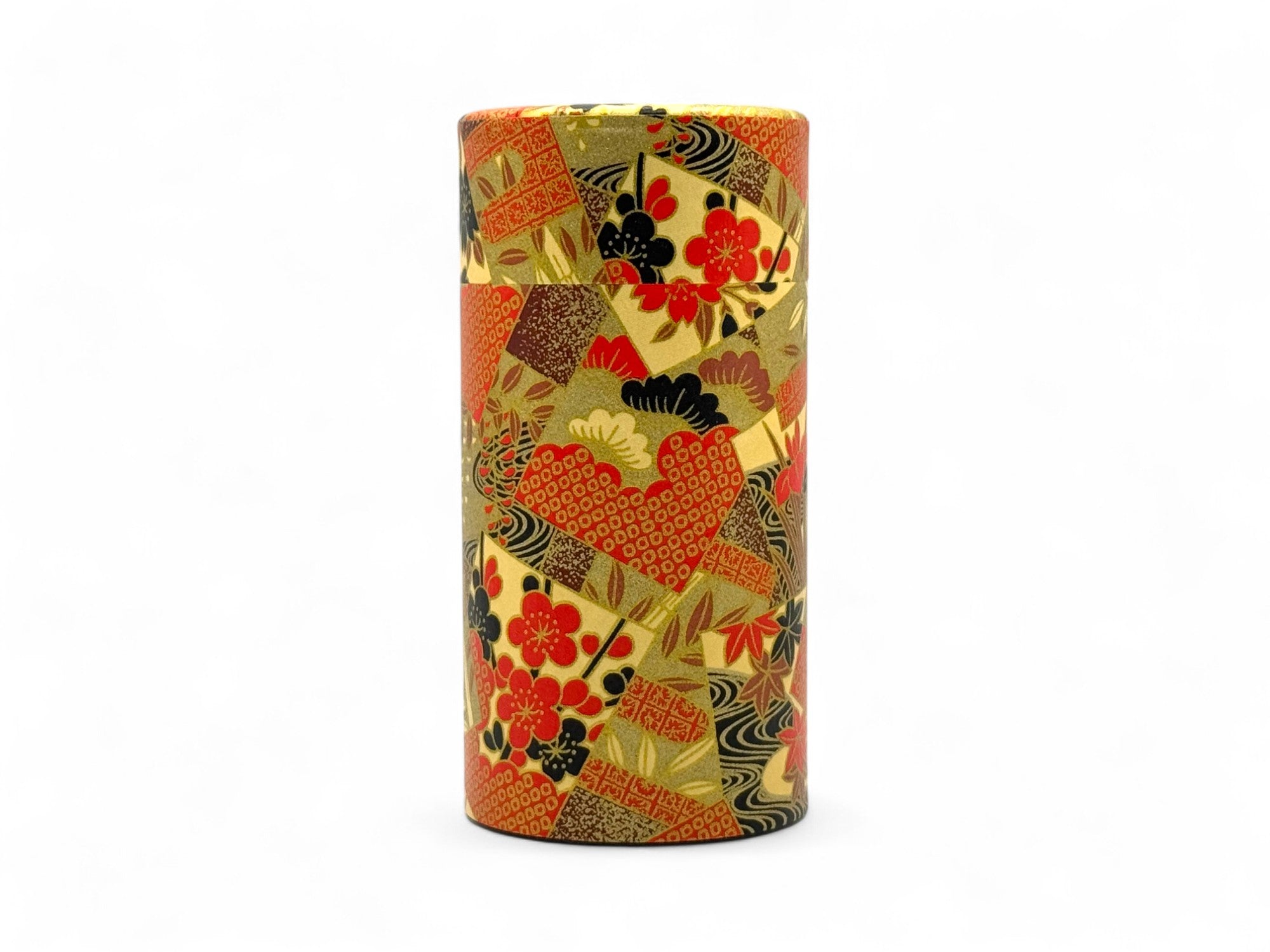Inoue Ogone Golden Painting Washi Paper Wrapped Tea Canister (L) - Japanese Chazutsu