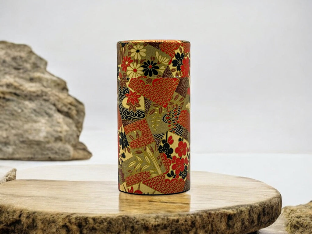 Inoue Ogone Golden Painting Washi Paper Wrapped Tea Canister (L) - Japanese Chazutsu
