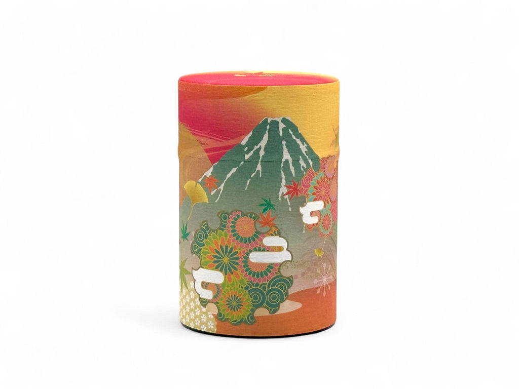 Inoue Shizukan Momiji Orange Mt. Fuji Series Washi Paper Wrapped Tea Canister (S) - Japanese Chazutsu