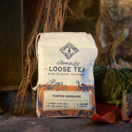 Piper and Leaf Pumpkin Moonshine Muslin Bag of Loose Leaf Tea - 15 Servings in hand-printed muslin bag with autumn-themed design.