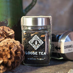 Piper and Leaf Caramel Apple Pie Glass Jar of Loose Leaf Tea - 30 Servings, showcasing a clear jar filled with premium loose leaf tea.