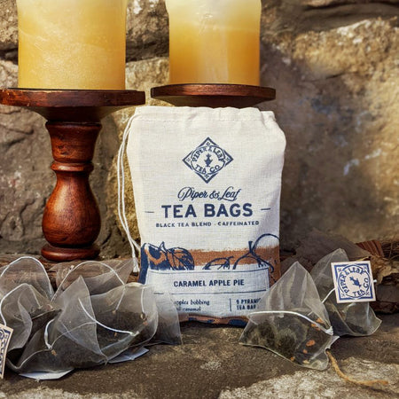 Piper and Leaf Caramel Apple Pie 9ct Tea Bags in Muslin, featuring pyramid sachets of Ceylon black tea with apples and spices.