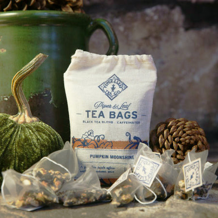 Piper and Leaf Pumpkin Moonshine 9ct Tea Bags in Muslin, featuring pyramid sachets filled with Ceylon black tea and spices.