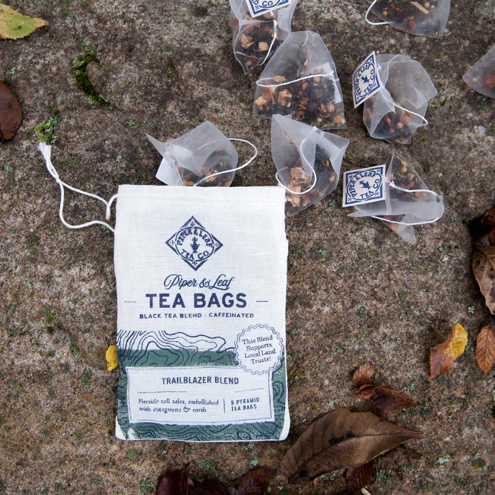 Piper and Leaf Trailblazer Blend 9ct Tea Bags in Muslin packaging displayed against a neutral background.