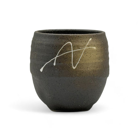 Inoue Tea Ishin Iga Black Mino-yaki Yunomi - Japanese teacup, handmade, 3.6"W x 3.7"H, 14oz capacity, wood-fired kiln techniques.