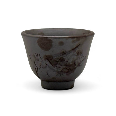 Inoue Tea Ume Brown Mino-yaki Yunomi - Japanese Sencha Teacup, featuring hand-carved motifs and natural clay texture.