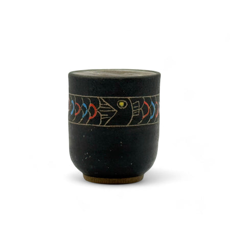 Inoue Tea Sakana Black Fish Mino-yaki Yunomi - Japanese teacup showcasing traditional Minoyaki pottery craftsmanship.