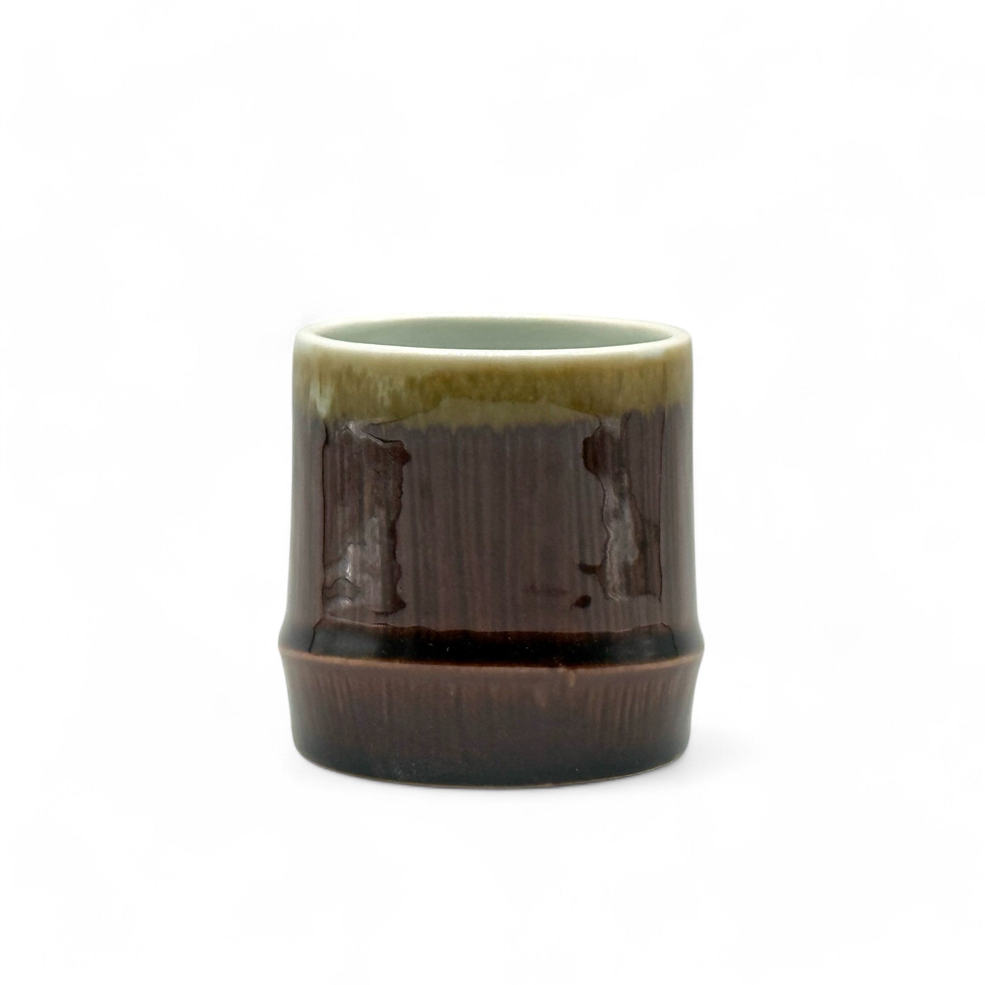Inoue Tea Tenmoku Brown Mino-yaki Yunomi - Japanese teacup with bamboo-inspired design, 2.55 inches wide, 2.75 inches high.