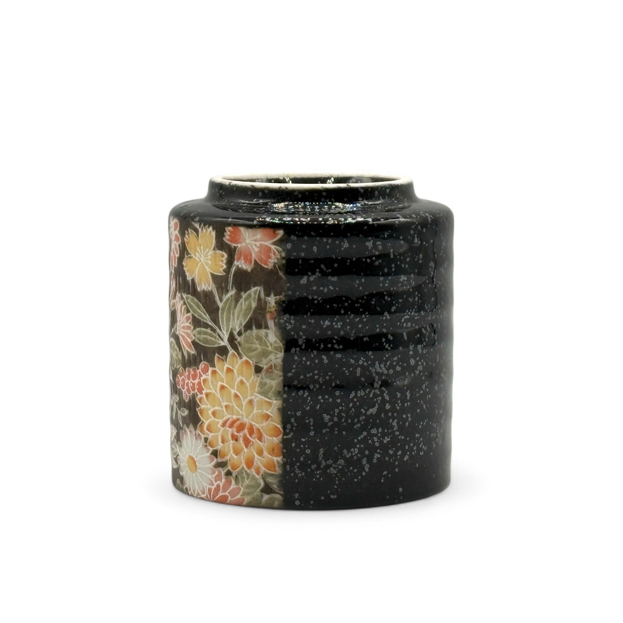 Inoue Yuzen Hana Flower Black Mino-yaki Wide Yunomi - Japanese Teacup