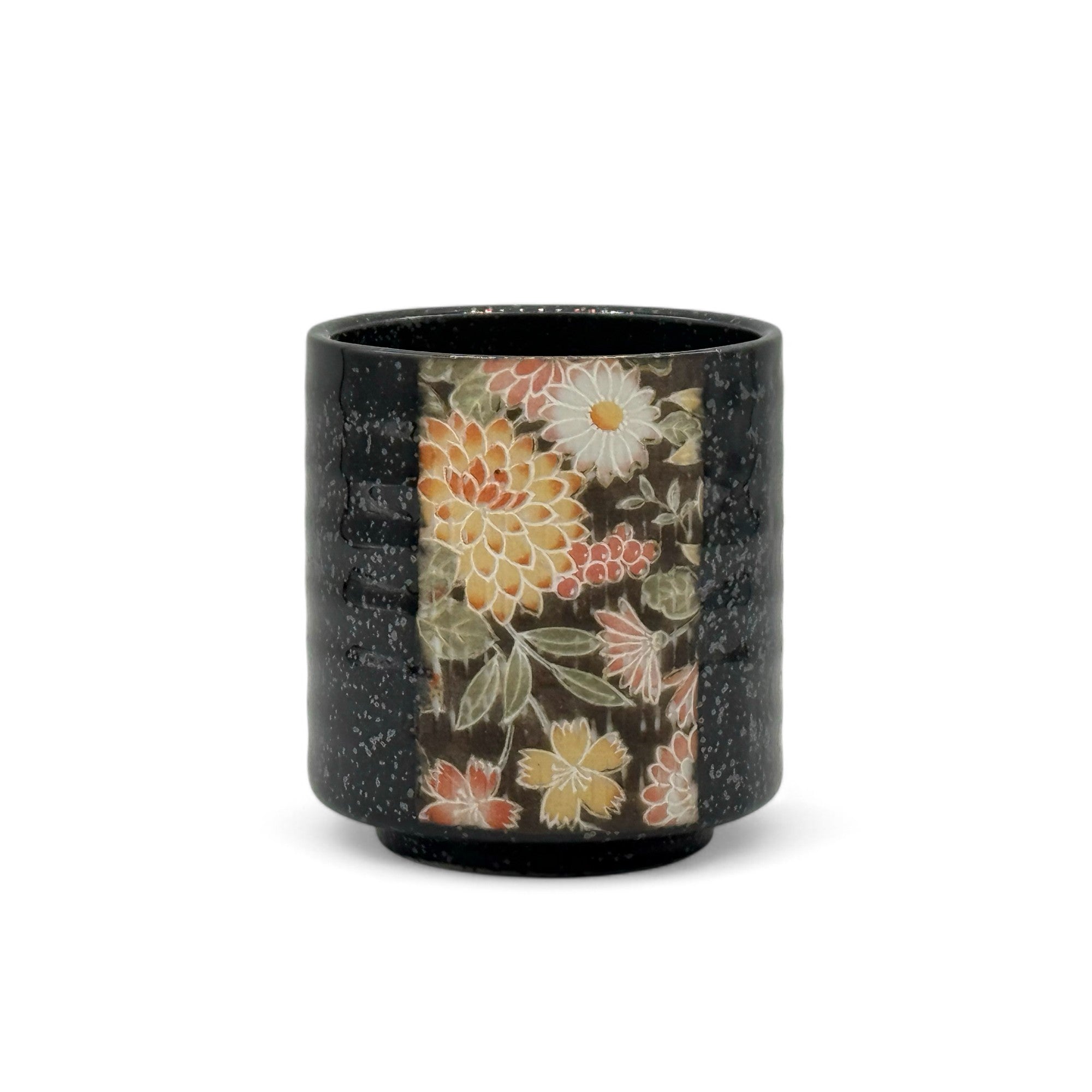 Inoue Yuzen Hana Flower Black Mino-yaki Wide Yunomi - Japanese Teacup