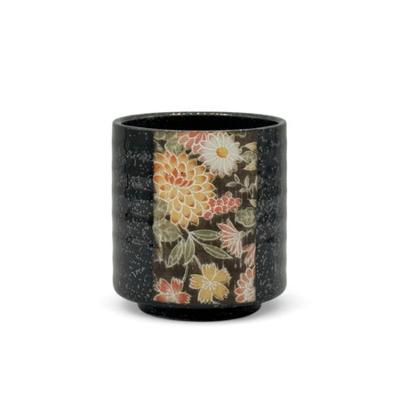 Inoue Yuzen Hana Flower Black Mino-yaki Wide Yunomi - Japanese Teacup