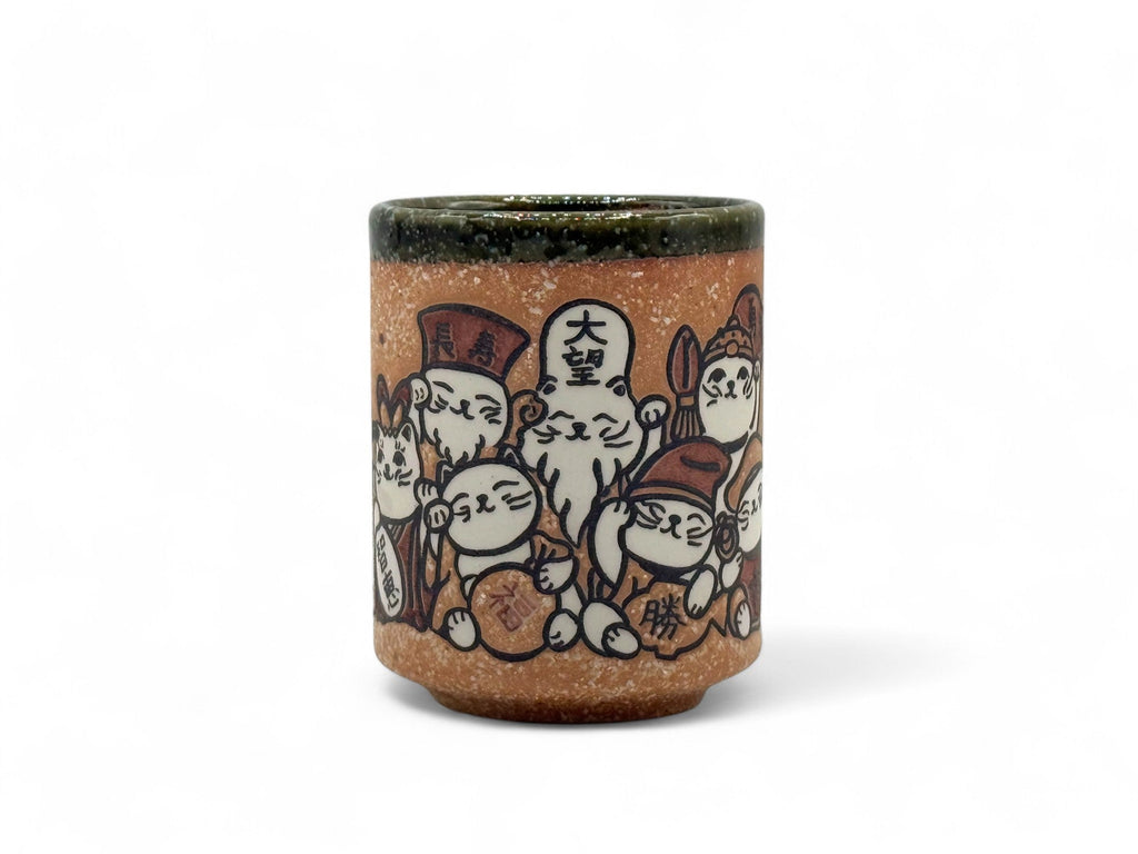 Inoue Shichifukujin Seven Lucky Gods Brown Mino-yaki Yunomi - Japanese Teacup