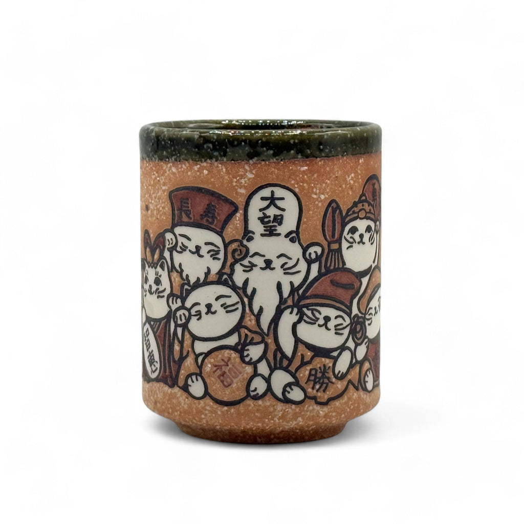 Inoue Shichifukujin Seven Lucky Gods Brown Mino-yaki Yunomi - Japanese Teacup