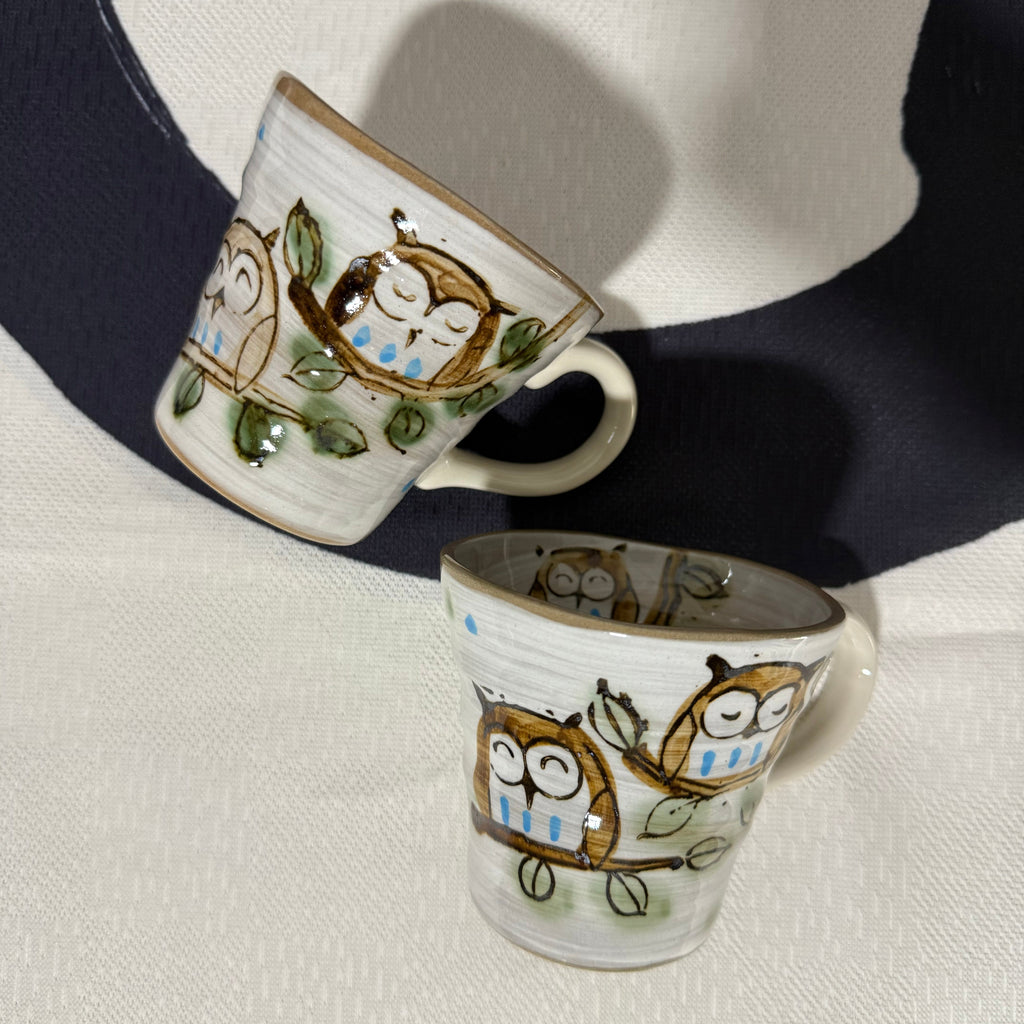 Inoue Fukufukuro Owl Gray Mino-yaki Mug - Japanese Tea Mug