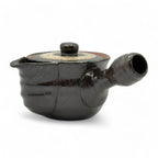 Inoue Tea Shiro Hirokuchi Brown Tokoname-yaki Kyusu - Japanese teapot with unique brushstroke glaze and side handle, 11oz capacity.