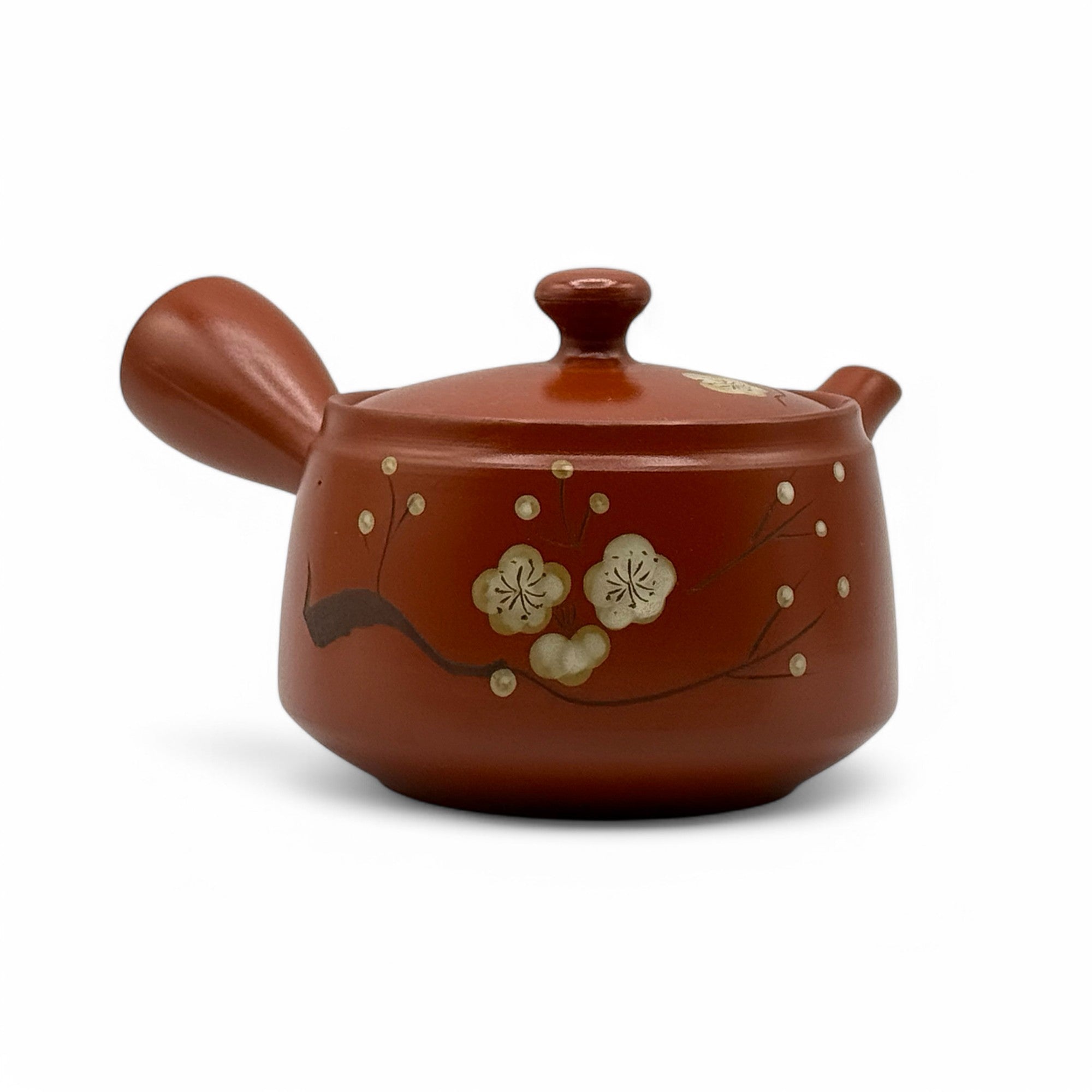 Inoue Tea Fusensaku Hakubai White Blossom Red Tokoname-yaki Kyusu - Japanese teapot with intricate floral design.