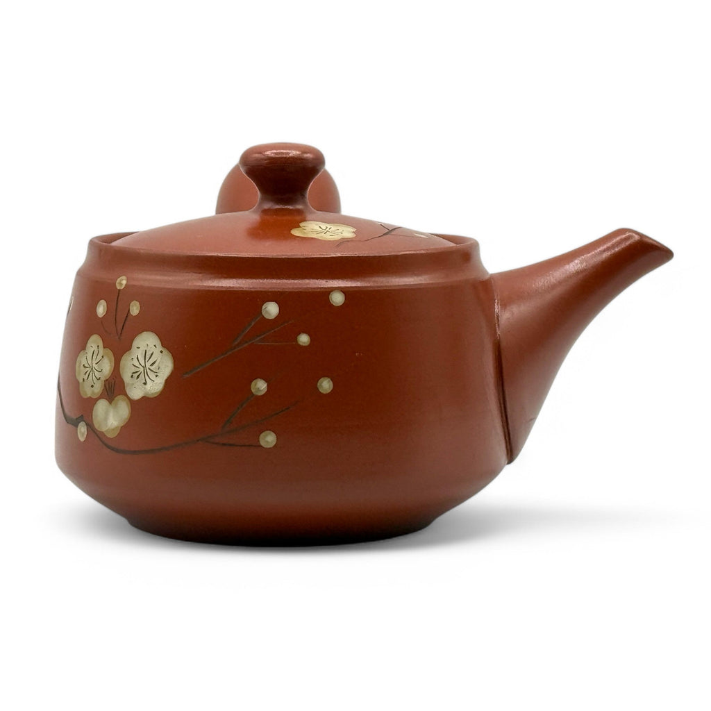 Inoue Tea Fusensaku Hakubai White Blossom Red Tokoname-yaki Kyusu - Japanese Teapot on a white background.