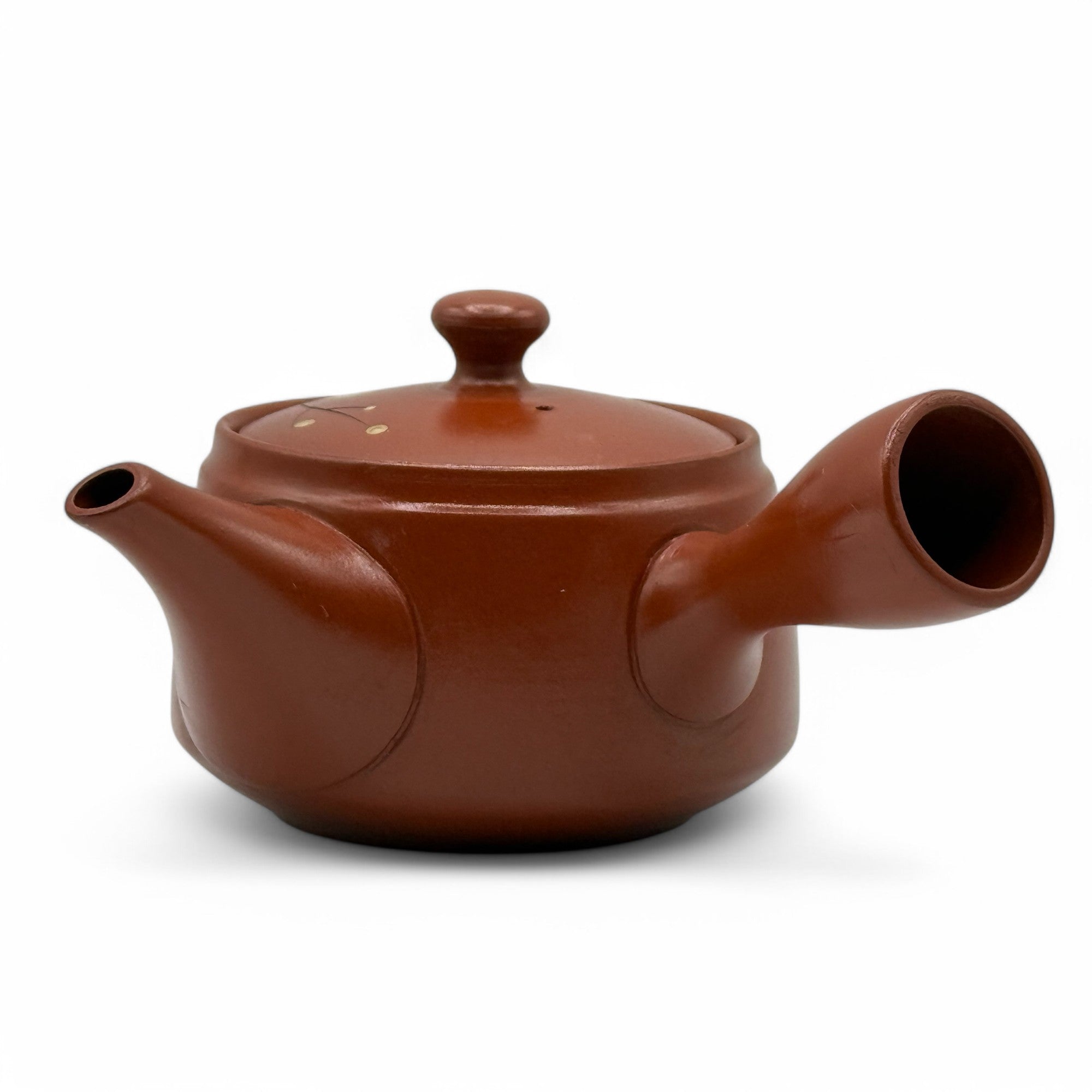 Inoue Tea Fusensaku Hakubai White Blossom Red Tokoname-yaki Kyusu - Japanese Teapot in a red and white floral design.