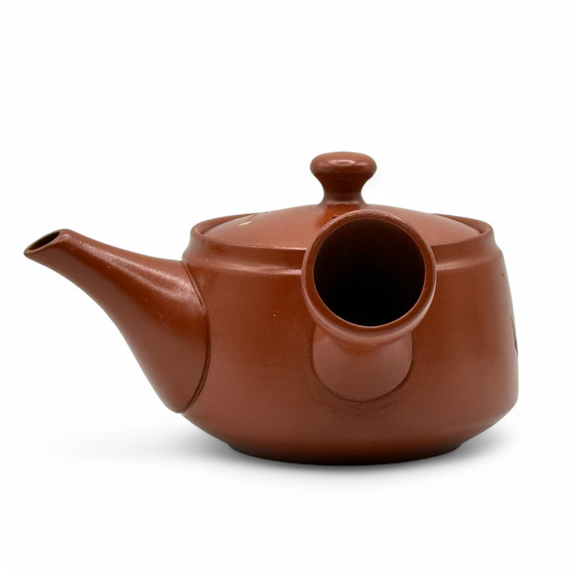 Inoue Tea Fusensaku Hakubai White Blossom Red Tokoname-yaki Kyusu - Japanese teapot with intricate white blossom design.